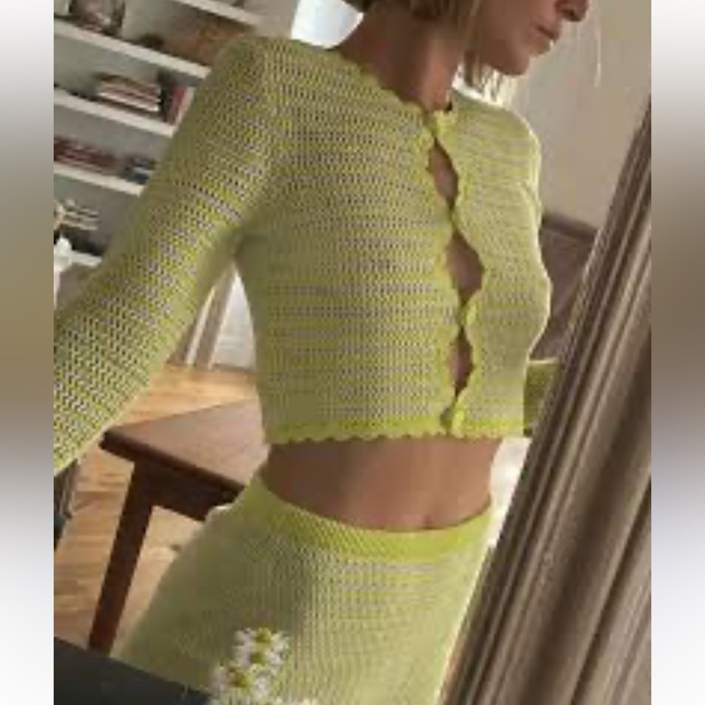 ALEXA CHUNG Striped Crochet-knit Cotton Cardigan In Lime Green Size Medium